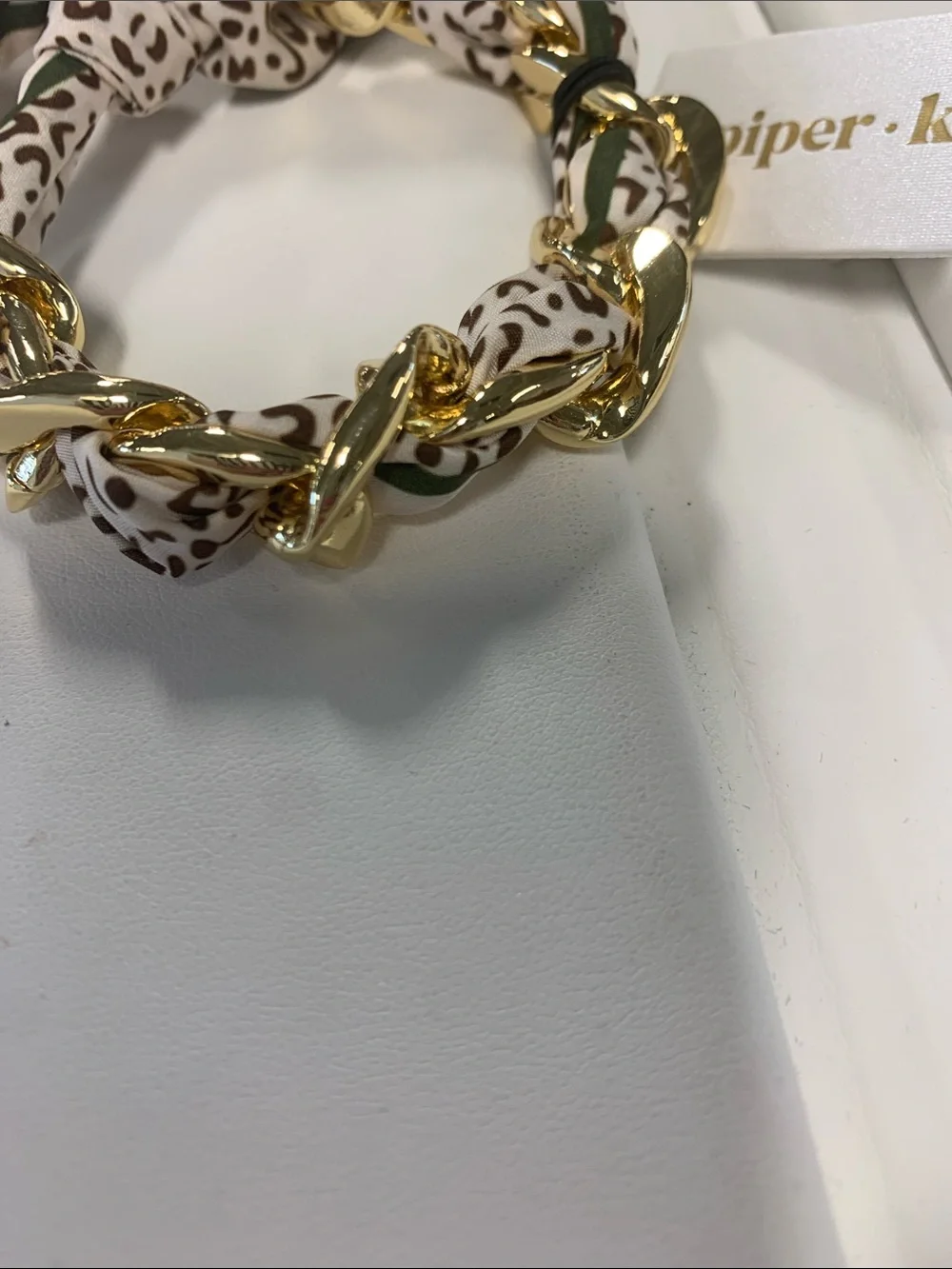 Piper K Gold Chain Scarf Bracelet Cheetah White, Brown and Green Trim